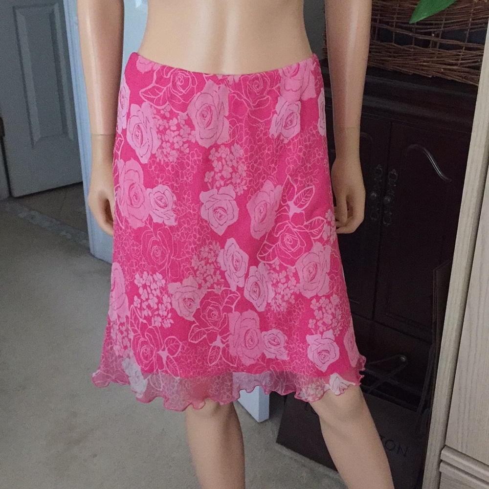 Hillard & Hanson Y2K Pink Rose Jacquard 100% Silk Lettuce Hem Skirt - Picture 6 of 8